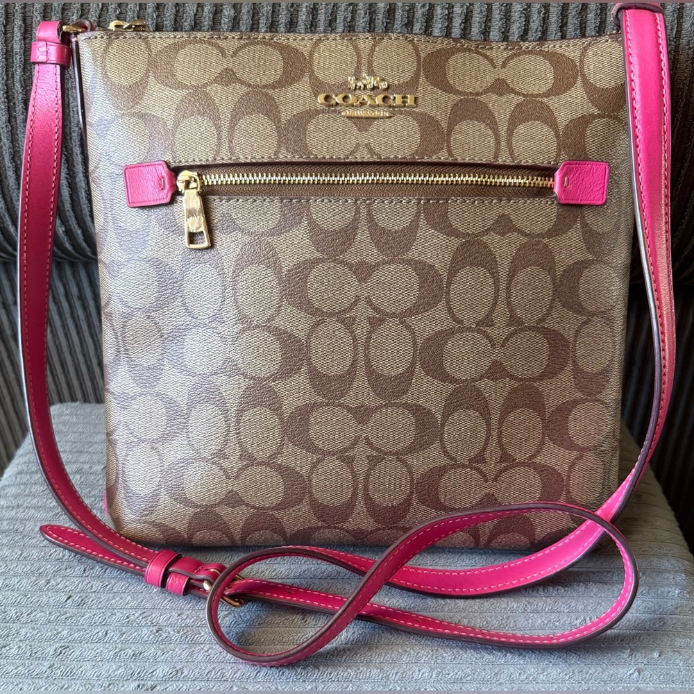 Coach Rowan File Crossbody Bag In Signature Khaki/ Hot Bold Pink Purse